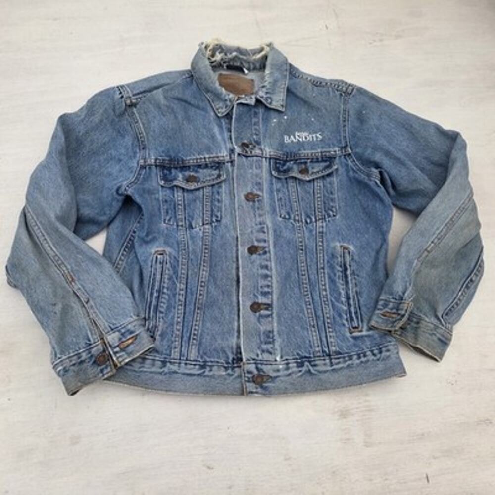 Vtg Three Rivers Skoal Bandits Promo Denim Trucker Jacket Mens M Thrashed Grunge